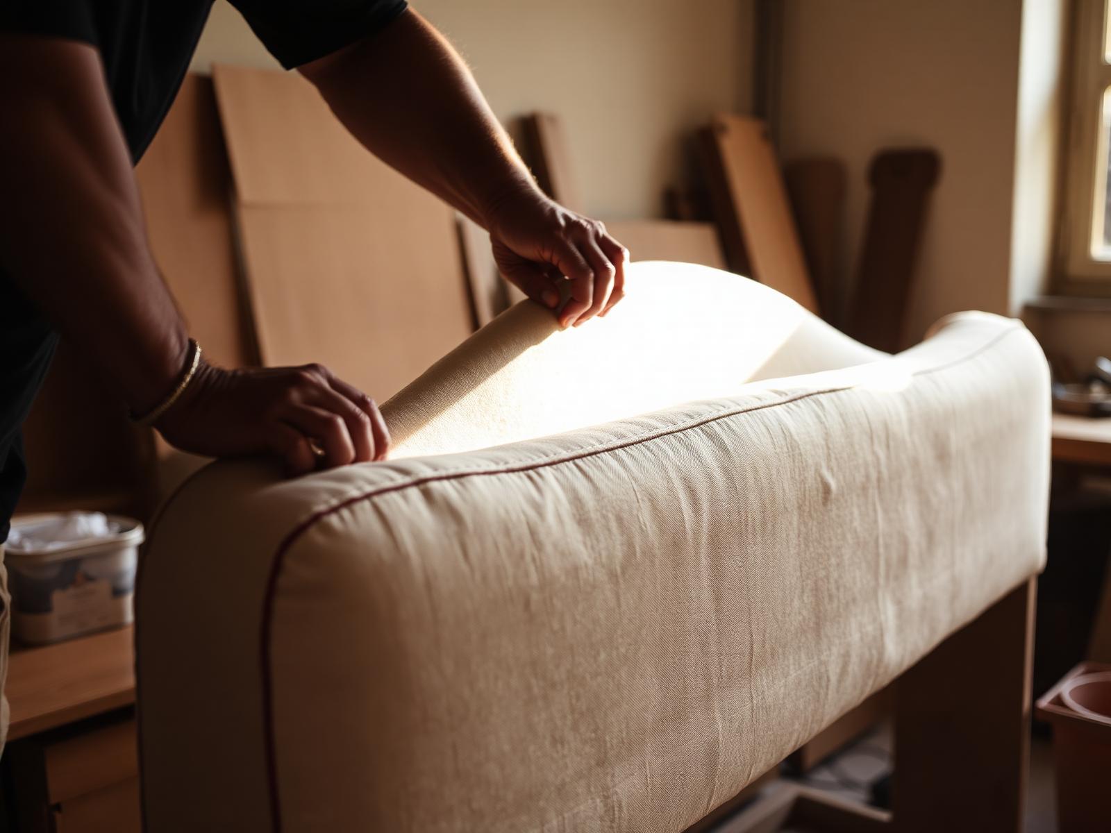 Artisan hand-stretching linen over a custom bedhead frame